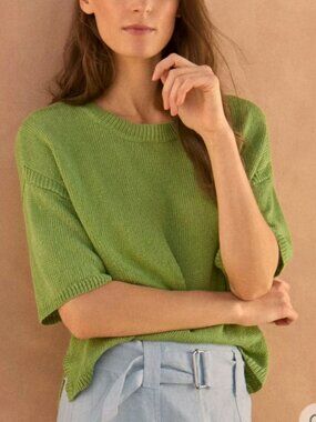 NWT POETRY Green Knit Linen Short Sleeve Sweater 10 US